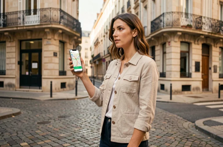 Femme consultant l'itinéraire piéton Google Maps sur smartphone dans une rue pavée européenne