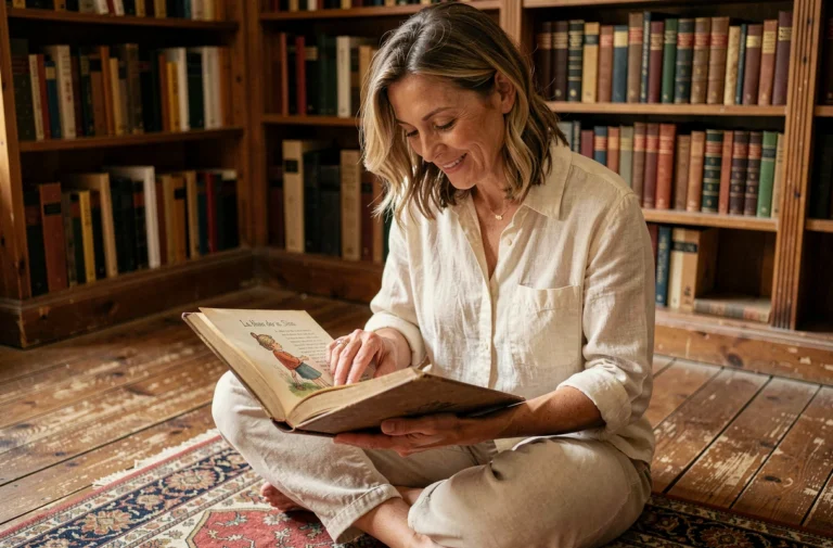 Femme lisant un ancien recueil de comptines françaises illustrées dans une bibliothèque vintage, évoquant l'histoire de la comptine Haut les mains peau de lapin