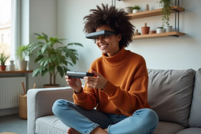 Jeune femme tenant des lunettes de réalité augmentée avec émerveillement dans un appartement moderne minimaliste