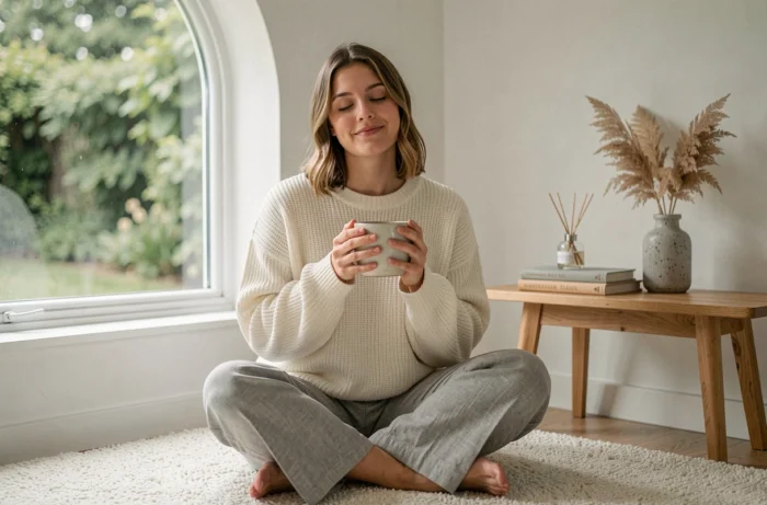 Femme détendue savourant un moment bien-être chez elle, assise sur un tapis moelleux avec une tasse de thé dans un salon zen minimaliste
