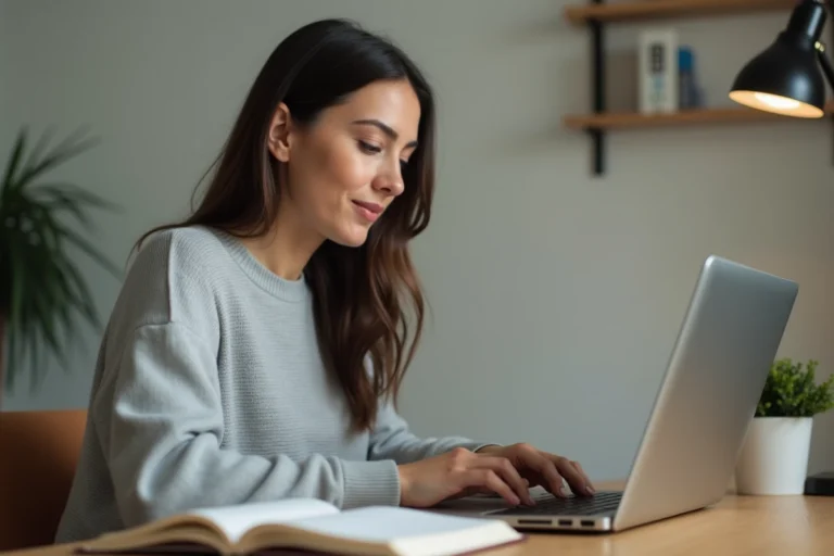 Femme consultant ses mots de passe enregistrés sur son ordinateur portable dans un bureau à domicile bien rangé
