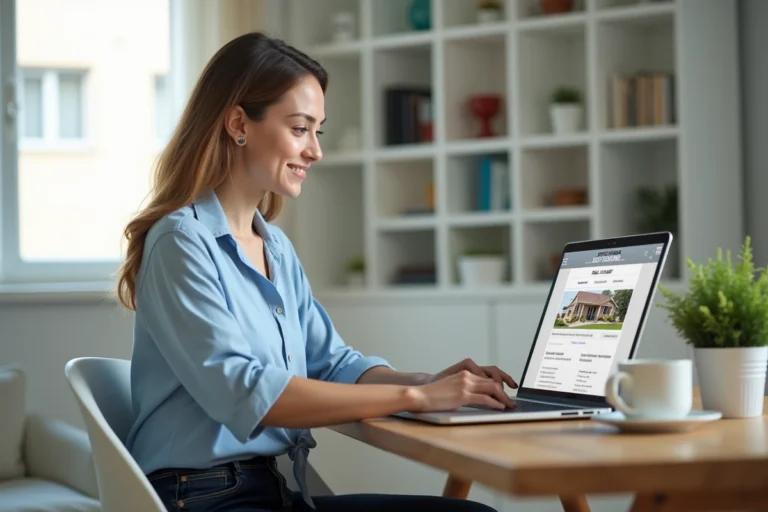 Femme consultant le plan du site d'une agence immobilière sur un ordinateur portable dans un bureau moderne