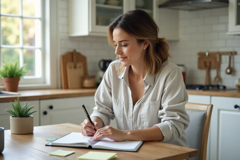 Femme organisée écrivant dans un planificateur à une table de cuisine bien rangée avec des notes adhésives colorées