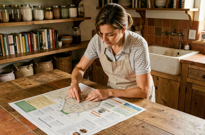 Femme consultant un plan de site culinaire imprimé sur un comptoir en bois dans une cuisine rustique