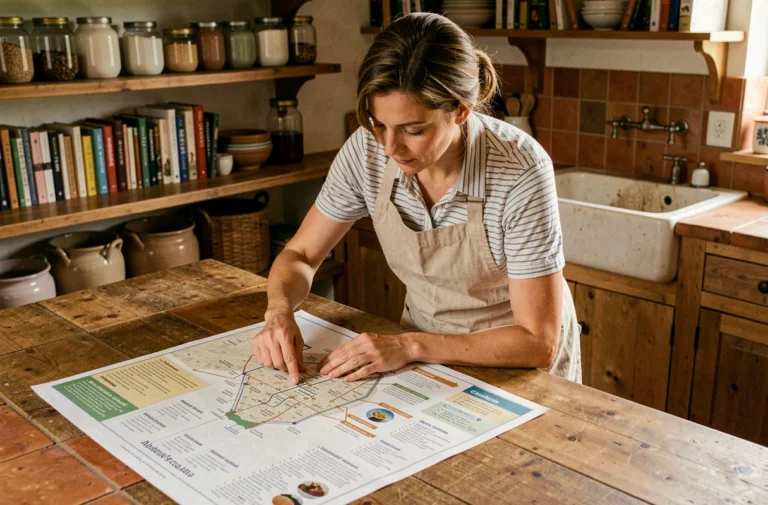 Femme consultant un plan de site culinaire imprimé sur un comptoir en bois dans une cuisine rustique