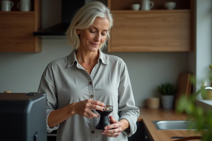 Femme préparant un café expresso en tassant le marc dans un porte-filtre dans une cuisine moderne
