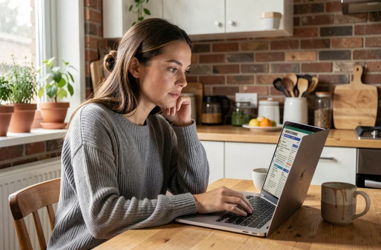 Femme consultant des petites annonces locales sur son ordinateur portable dans sa cuisine moderne