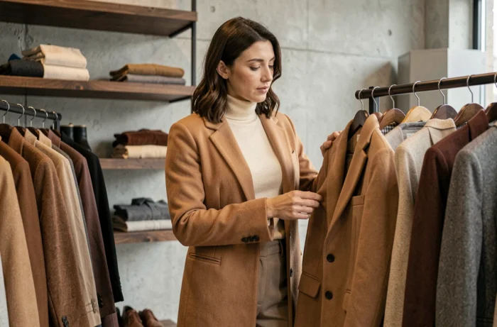 Femme élégante en manteau camel feuilletant des vêtements dans une boutique de mode contemporaine aux murs en béton brut