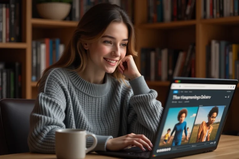 Femme parcourant un site de téléchargement de films sur son ordinateur portable depuis un bureau à domicile