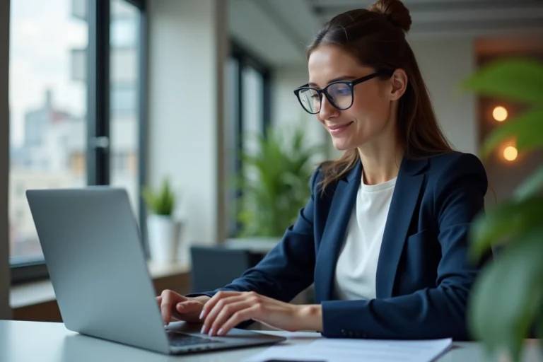 Femme professionnelle utilisant le webmail Convergence Lyon sur un ordinateur portable dans un bureau moderne