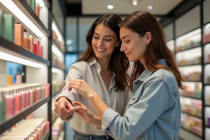 Deux femmes testant des dupes de parfum en magasin de beauté