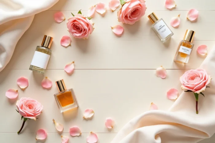 Comparaison de flacons de dupes de parfum Adopt et parfums de luxe en flat lay