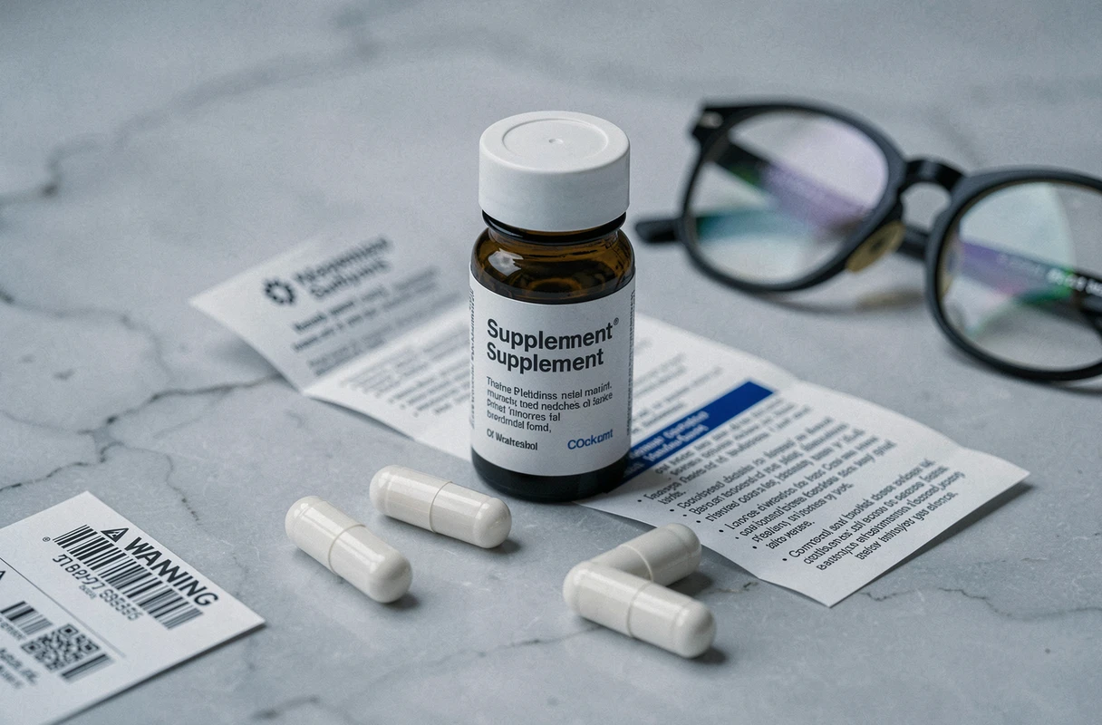 Gros plan sur des gélules de complément alimentaire auditif posées sur marbre avec une notice médicale dépliée et des lunettes de lecture, style éditorial santé