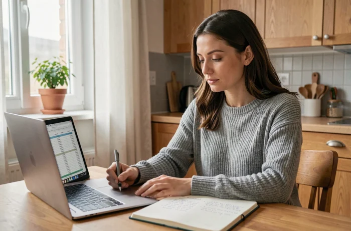 Femme qui gère son budget personnel sur un ordinateur portable à une table de cuisine en bois, avec un carnet de notes financières ouvert