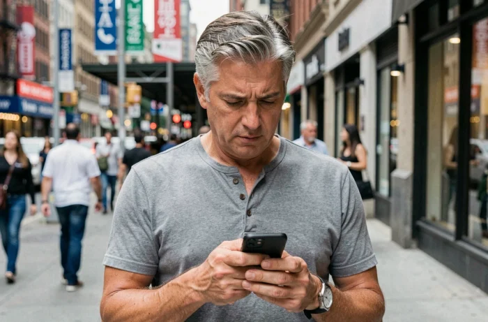 Homme d'âge mûr consultant les tendances et actualités du moment sur son smartphone dans une rue animée de la ville