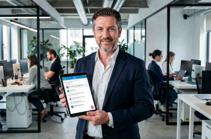 Homme d'affaires consultant sa boîte email sur une tablette dans un open space moderne, contexte professionnel lié à l'orthographe du mot e-mail