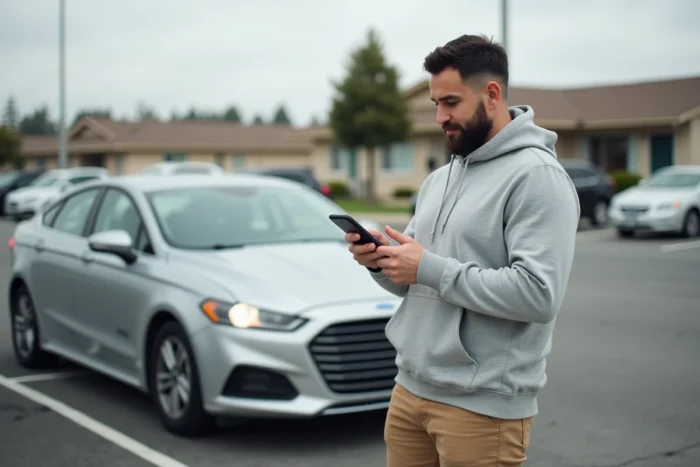 Homme consultant un calculateur de frais de covoiturage sur smartphone dans un parking