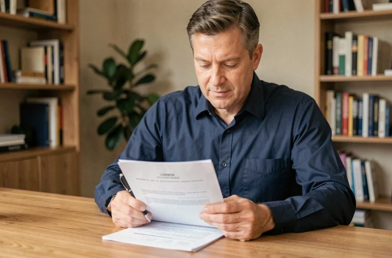 Homme de 45 ans révisant son contrat d'assurance emprunteur Interiale à son bureau à domicile