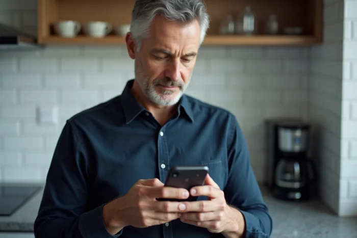 Homme utilisant une application de gestionnaire de mots de passe sur son smartphone dans une cuisine moderne
