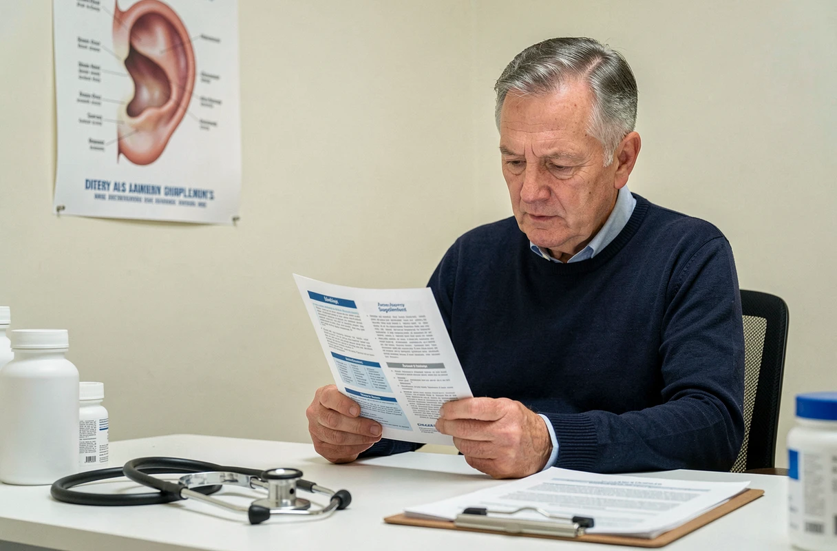 Homme âgé lisant attentivement une notice de complément alimentaire dans un cabinet médical, avec des accessoires de consultation visibles sur le bureau