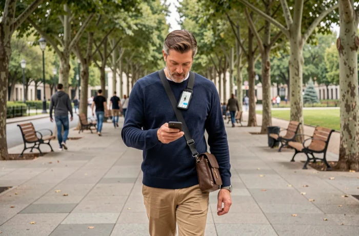 Homme marchant sur un boulevard piéton en ville avec navigation Google Maps active sur téléphone