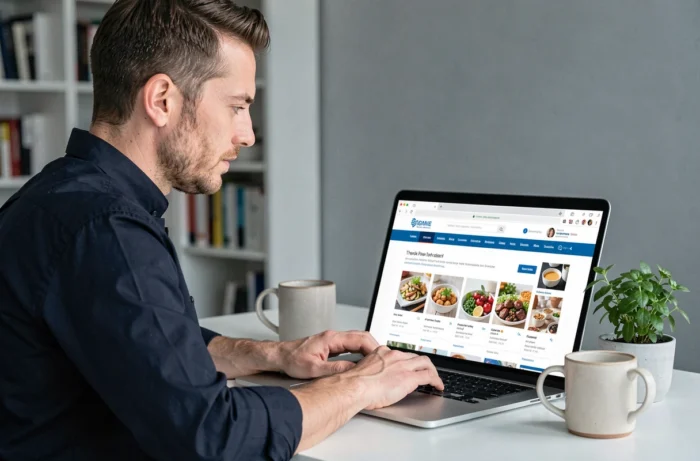 Homme naviguant sur un plan de site culinaire détaillé via un ordinateur portable dans un bureau moderne