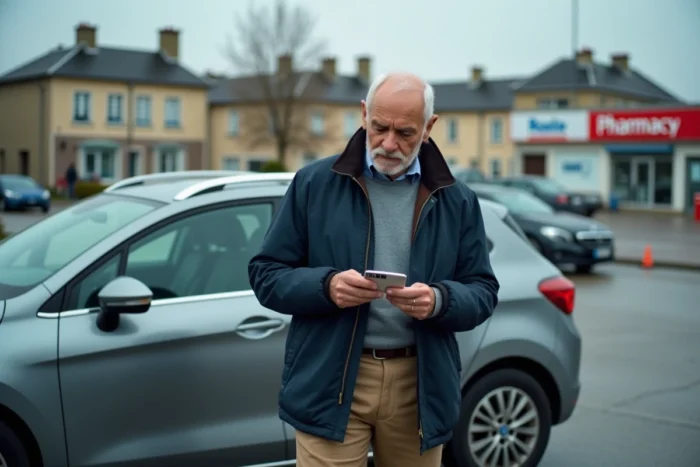 Un homme âgé tient son permis de conduire devant sa voiture, s'interrogeant sur sa validité après avoir subi un AVC