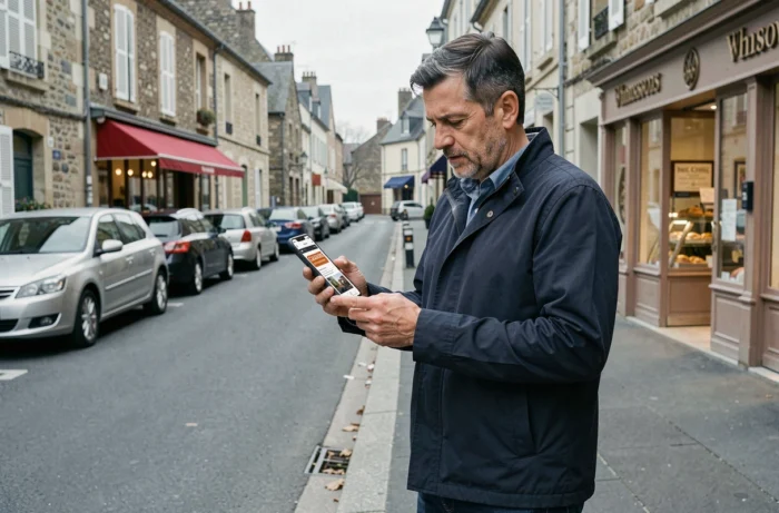 Homme consultant une application de petites annonces sur smartphone dans une rue résidentielle française