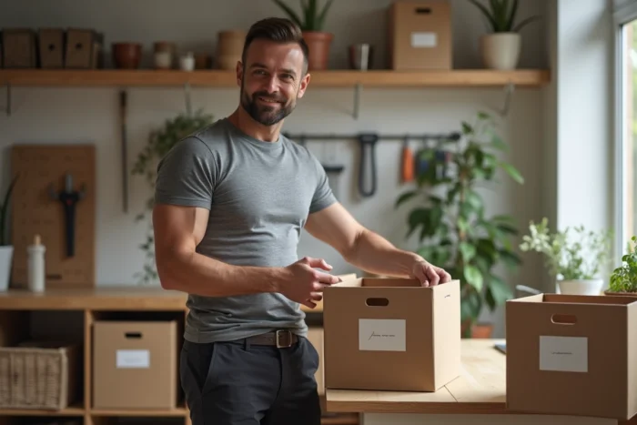Homme rangeant des boîtes de rangement étiquetées dans un bureau à domicile minimaliste style scandinave