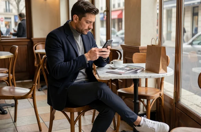 Homme tendance en pause café consultant une application de shopping mode sur son téléphone avec un magazine de mode sur la table