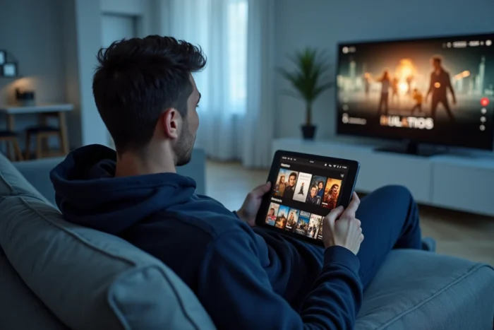 Homme consultant un site DDL de films sur une tablette dans son salon moderne