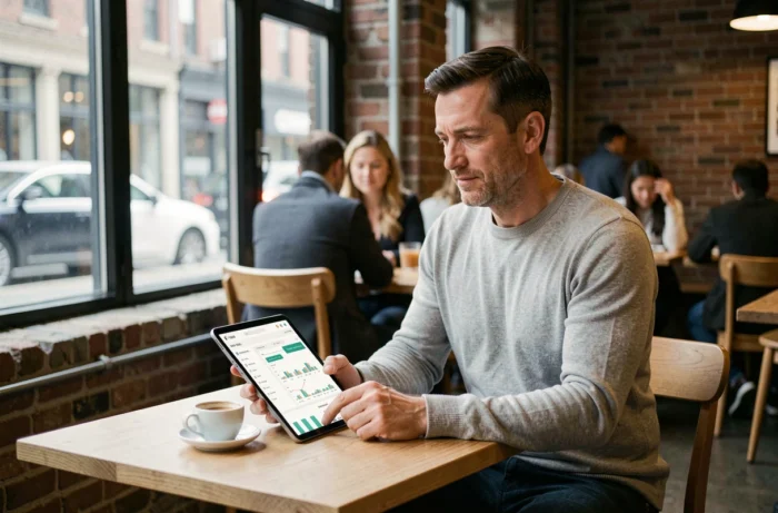 Homme consultant un tableau de bord bancaire sur une tablette dans un café urbain moderne