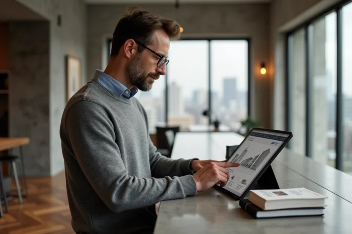 Homme explorant la navigation d'un site immobilier sur une tablette dans un appartement moderne
