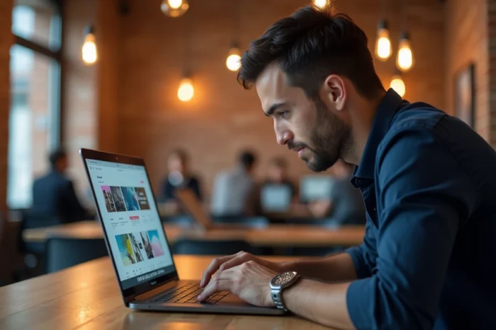 Homme travaillant sur un template de site web dans un espace de coworking moderne avec briques apparentes
