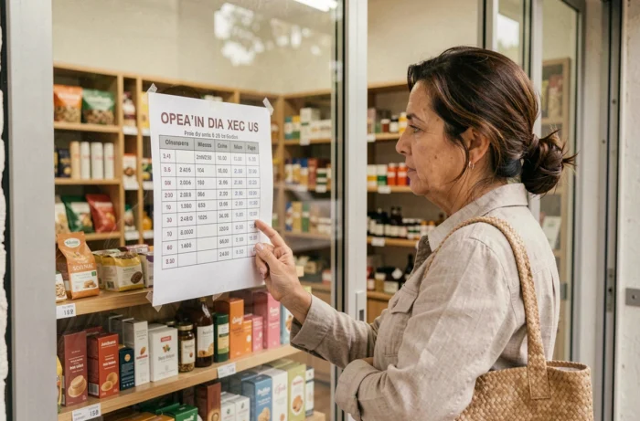 Femme consultant les horaires d'ouverture affichés sur la vitrine d'un magasin à Dancharia