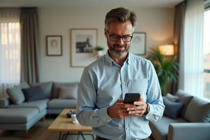 Propriétaire hôte consultant les notifications de son application de gestion locative dans un appartement moderne