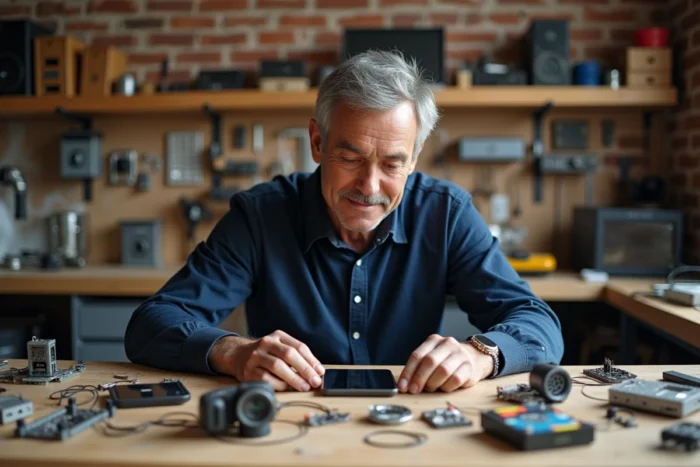 Ingénieur découvrant un écran flexible futuriste dans un atelier de prototypage rempli de gadgets technologiques