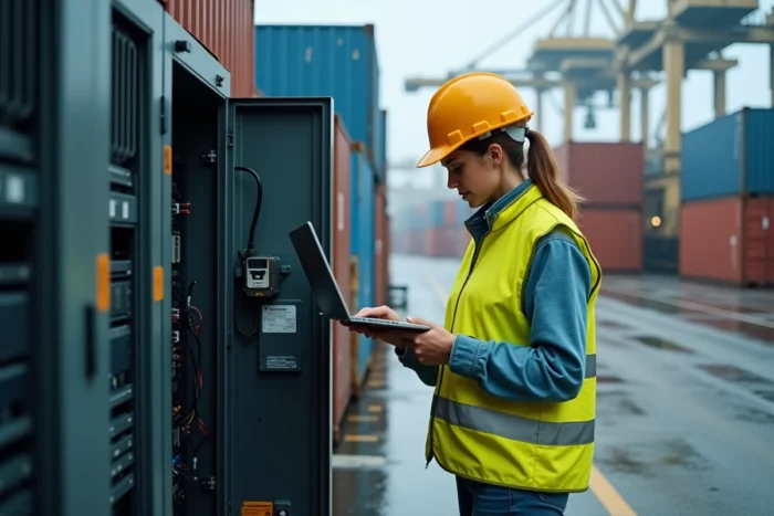 Ingénieure en sécurité informatique inspectant des équipements réseau sur le quai d'un port commercial moderne