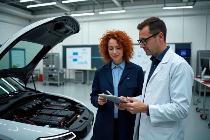 Deux ingénieurs en ingénierie automobile analysant des données de conduite autonome sur une tablette devant un véhicule ouvert dans un laboratoire de test