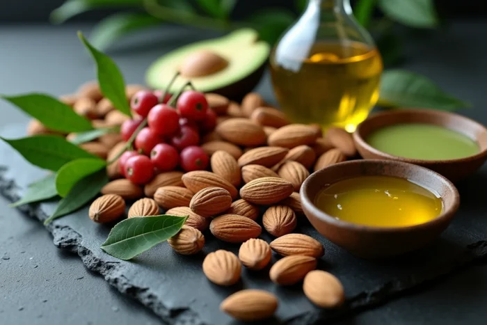 Ingrédients naturels bruts et huiles végétales alternatives à l'huile de jojoba présentés sur une ardoise noire
