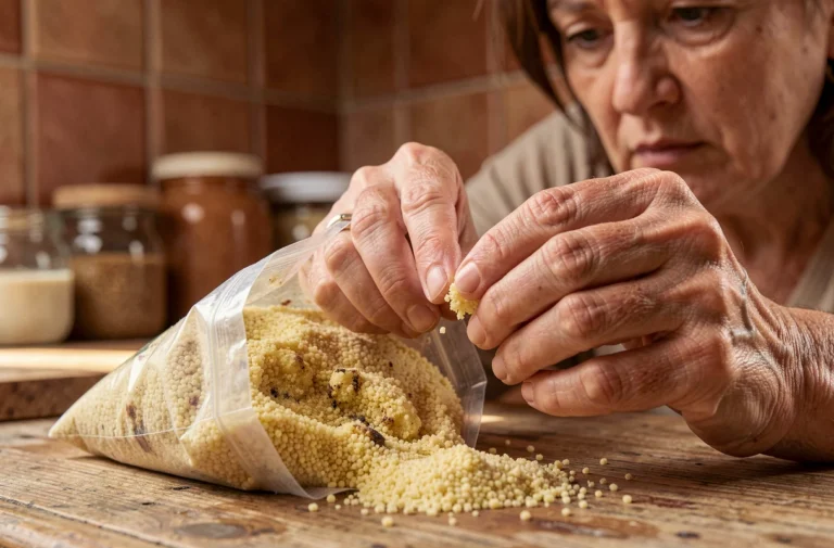 Femme examinant de la semoule périmée dans sa cuisine, grains agglomérés et décolorés visibles dans le paquet ouvert