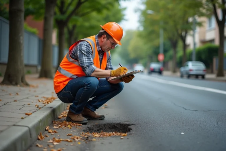 Agent municipal inspectant un nid-de-poule sur une route communale en mauvais état