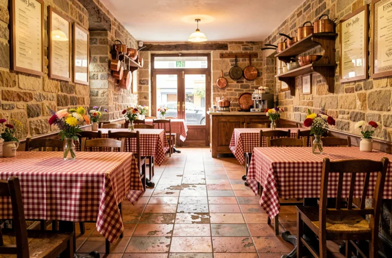 Intérieur chaleureux du restaurant Chez Joëlle avec tables en bois rustique, nappes à carreaux et décoration vintage authentique