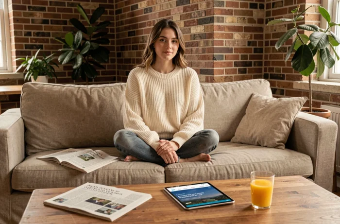 Jeune femme décontractée lisant journaux et tablette pour suivre toutes les tendances et actualités dans son salon cosy