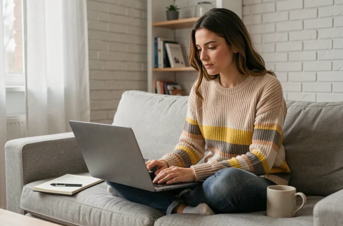 Jeune femme comparant des offres de crédit en ligne sur son ordinateur portable depuis son salon