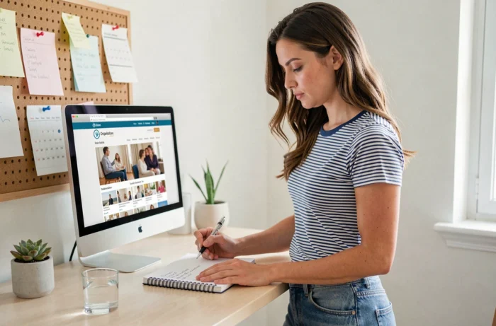 Jeune mère prenant des notes inspirées d'un blog famille dans son bureau à domicile pour mieux organiser son quotidien de parent