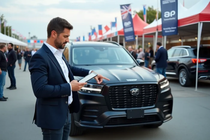 Journaliste automobile masculin présentant un SUV noir mat lors d'un événement de presse automobile en extérieur