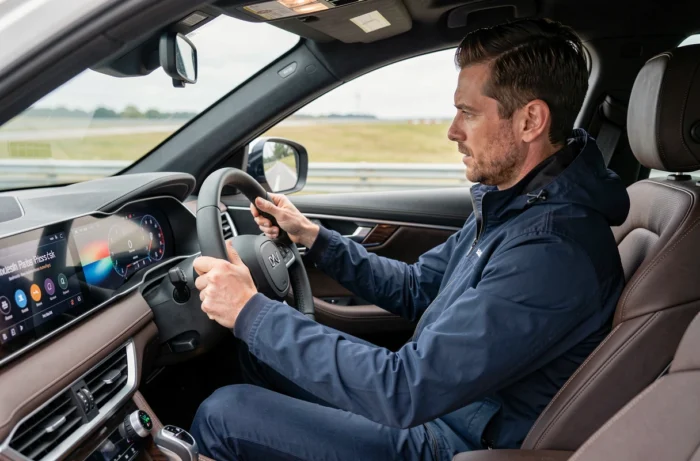 Journaliste automobile masculin au volant d'un SUV lors d'un essai presse, intérieur cuir premium et tableau de bord numérique