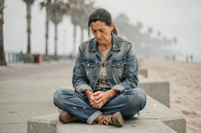 Femme assise près d'un bord de mer en Californie, vêtements usés et expression mélancolique évoquant le parcours de Loni Willison