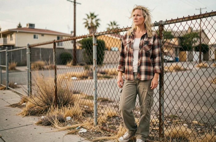 Portrait 3/4 d'une femme aux cheveux blonds près d'une clôture urbaine, tenue usée et regard lointain illustrant le destin bouleversant de Loni Willison